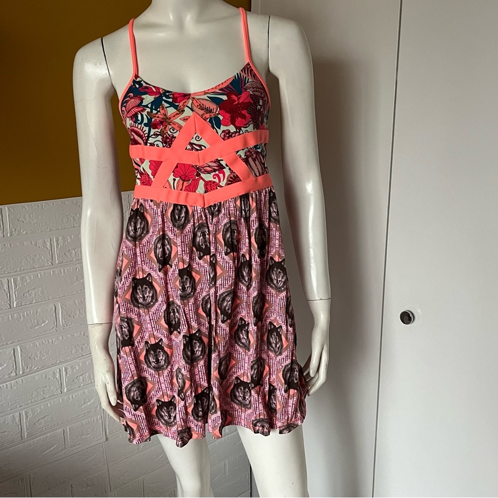 Maaji Floral and Wolf print dress Swim cover bright Pink Orange Size Small
